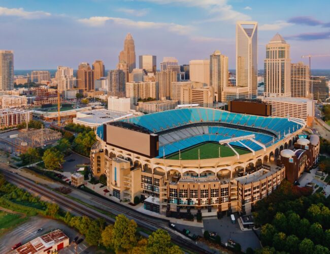 Bank of America Stadium and downtown city skyline of skyscrapers, Charlotte, North Carolina, United States