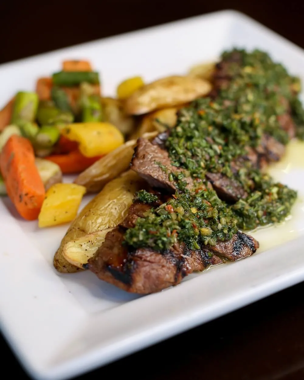 a plate of steak and vegetables