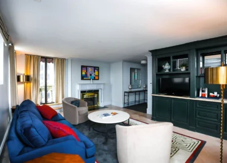 Elegant hotel lounge with plush seating and modern decor, ideal for relaxation.