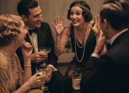 Group joyfully sharing stories at The Dunhill Hotel lobby