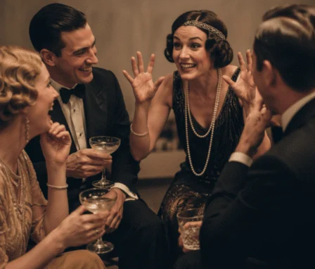 Group joyfully sharing stories at The Dunhill Hotel lobby