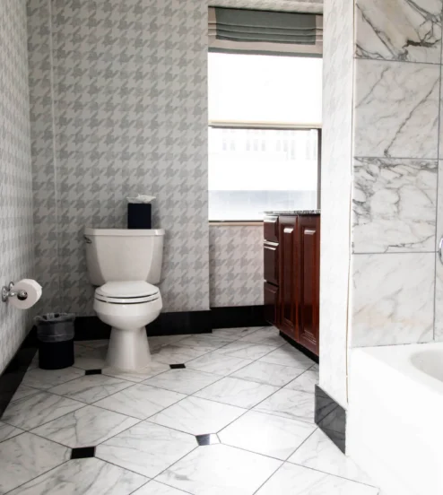 Elegant marble bathroom with bathtub, toilet, and window light at The Dunhill Hotel, Charlotte.