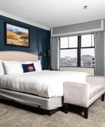 Elegant hotel room with a plush bed and city view, perfect for a relaxing stay.