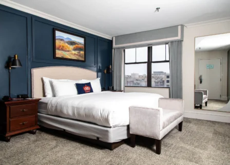 Elegant hotel room with a plush bed and city view, perfect for a relaxing stay.